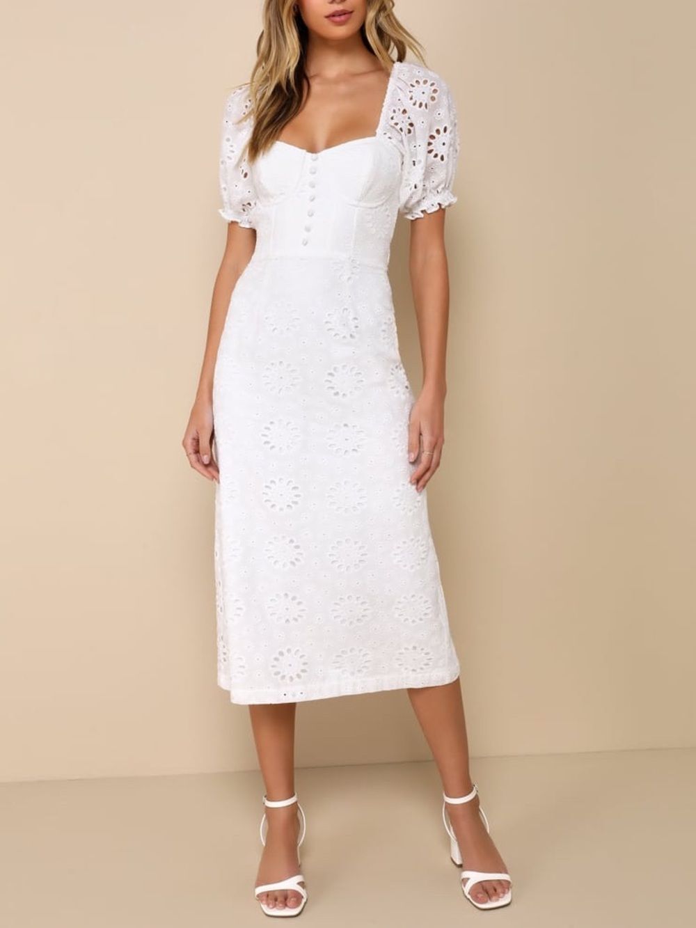 Lulu’s White Eyelet Puff Sleeve Cottagecore Midi Dress Women’s Size XS